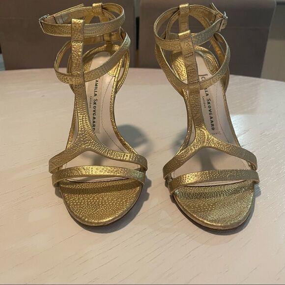 Camilla Skovgaard gold leather T strap stiletto heels 37.5 - Picture 9 of 13